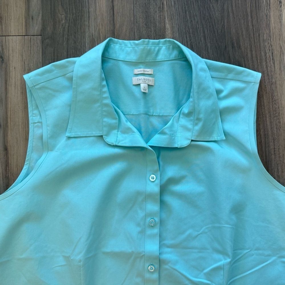 Talbots Turquoise Wrinkle-Resistant Button-Down Sleeveless Shirt Size L - Picture 3 of 4